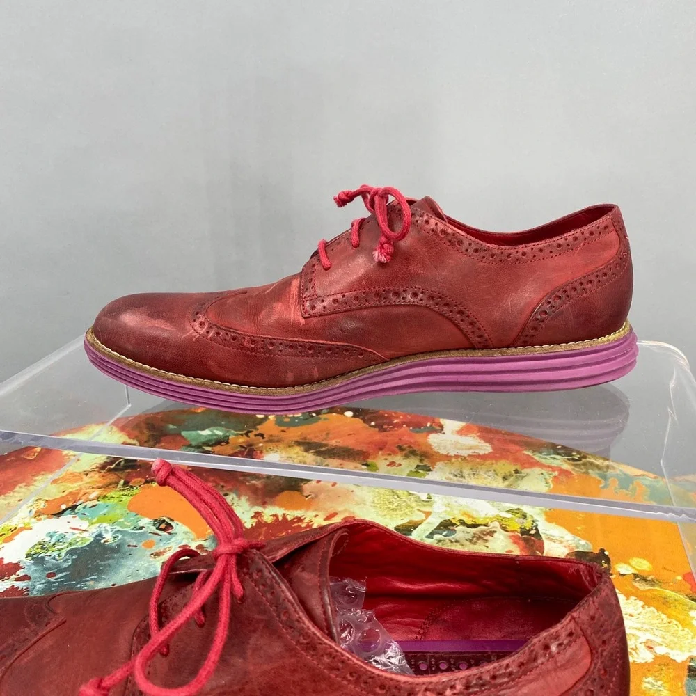 Cole Haan Lunargrand Red Leather Wingtip Oxford Shoes Purple Sole Womens 10